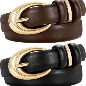 Women Leather Belt 2 Pack Skinny Faux Leather Gold Buckle