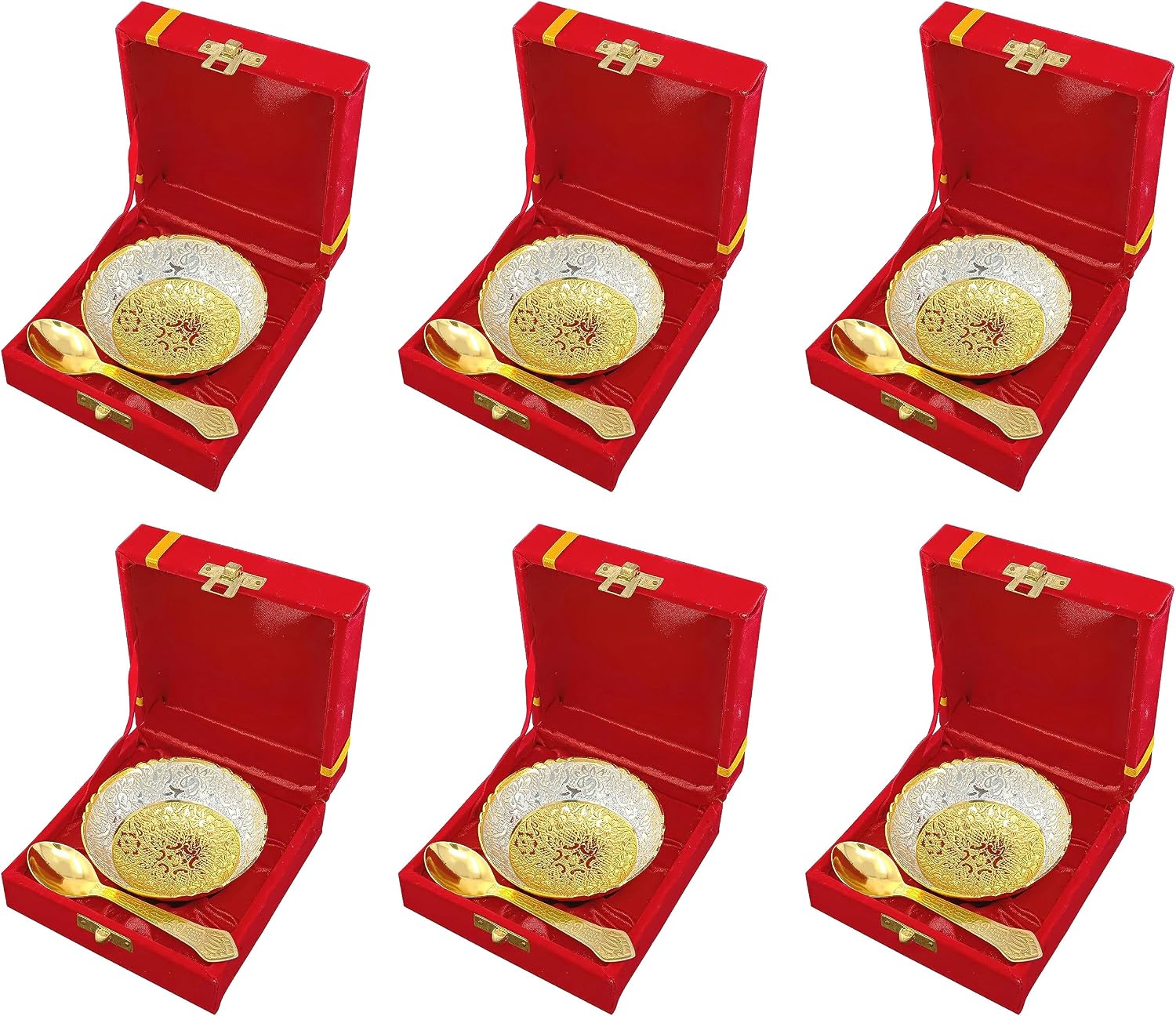 Gold and Silver-Plated Katori-Spoon Sets, 6 Pairs, Velvet Case