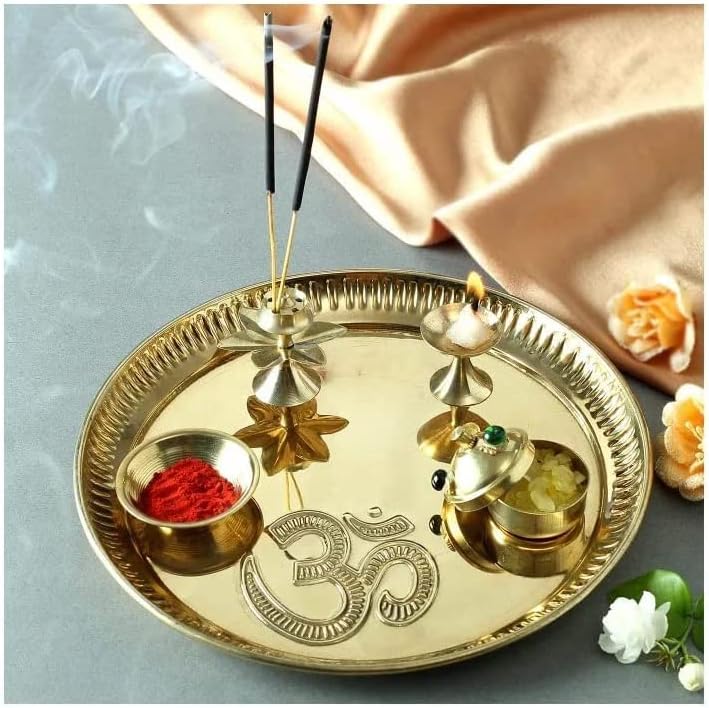 Brass Puja Thali Set, 8-Inch, Traditional Finish
