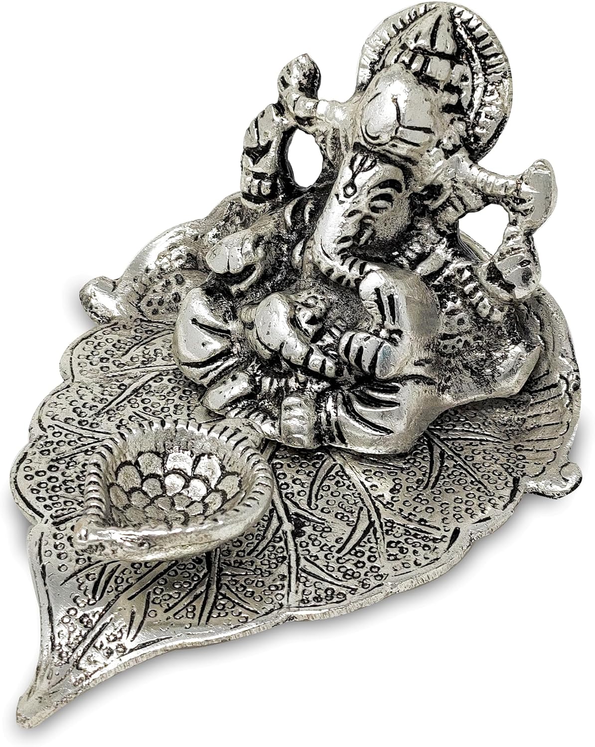 White-Metal Ganesha Idol on Peepal Leaf with Diya