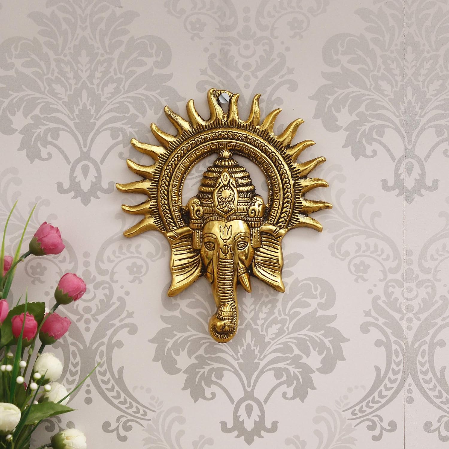 Metal Wall Plaque: Ganesha with Sunburst, Gold Finish