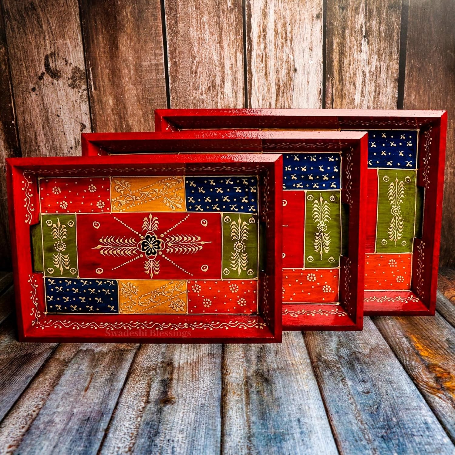 Hand-Painted Wooden Trays, Nest of 3, Antique Red