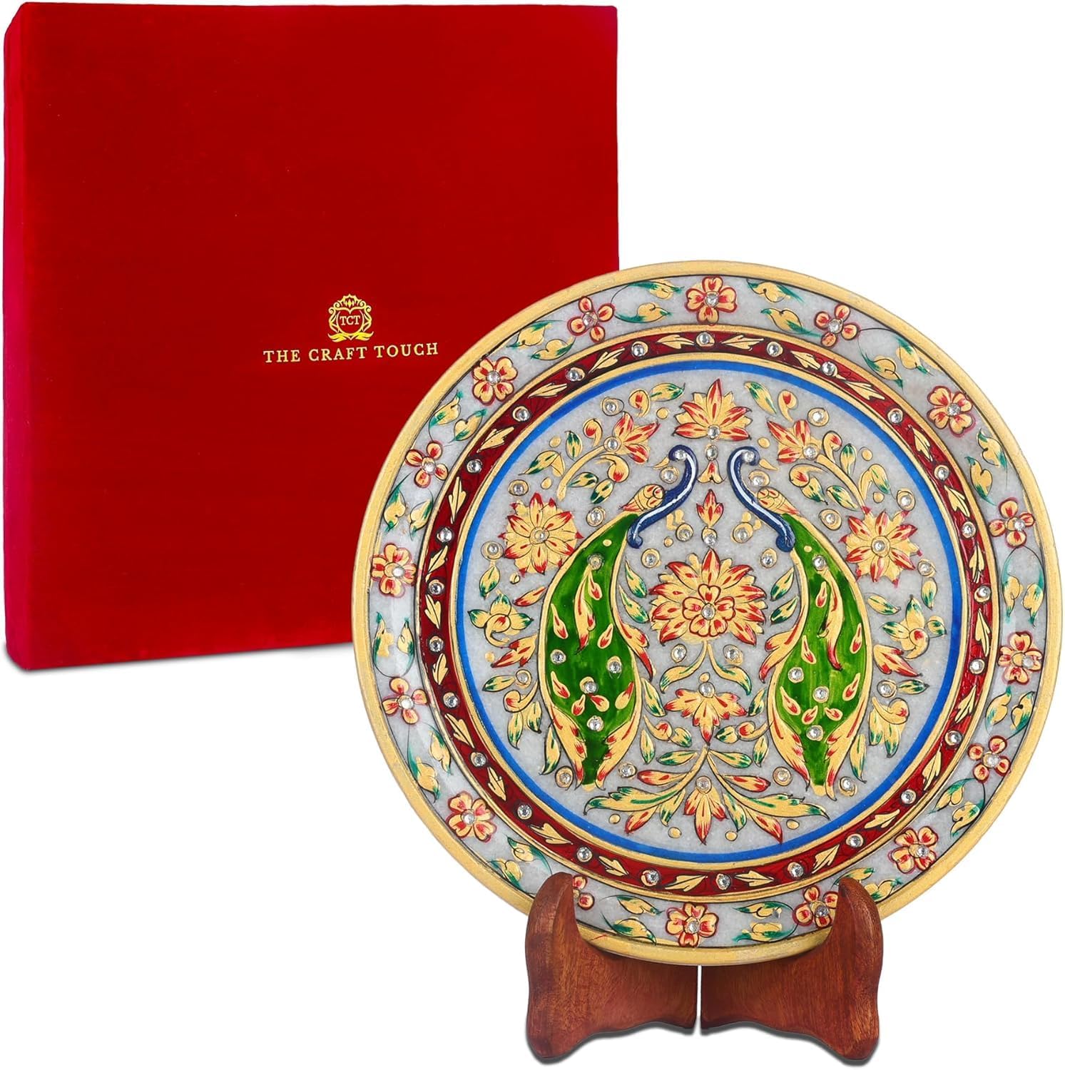 Hand-Painted Marble Display Plate, 9-Inch, Peacock Motif